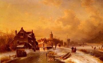  winter Oil Painting - Winter And Summer Canal ScenesScene 1 landscape Charles Leickert